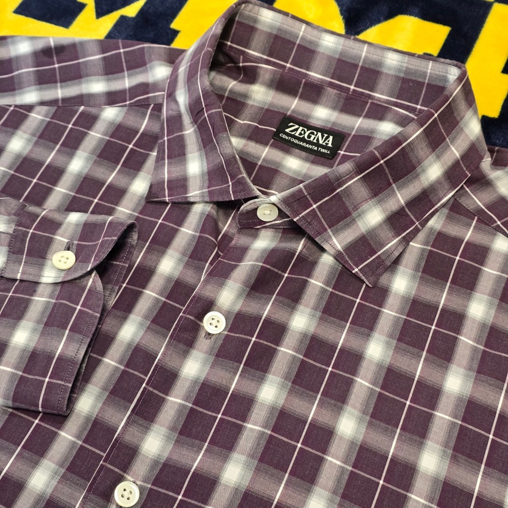 Zegna Centoquaranta Twill Shirt Mens XXL‎ Purple Grey Plaid Button Down UCX04A6